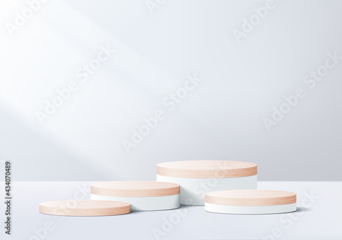 3d gray background product display wood podium with leaf geometric platform. grey background vector 3d render with podium. wood stand to show cosmetic product. Stage showcase on pedestal white display