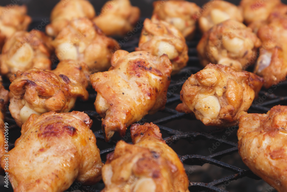 The chicken wings were baked on the grill. Soft focus
