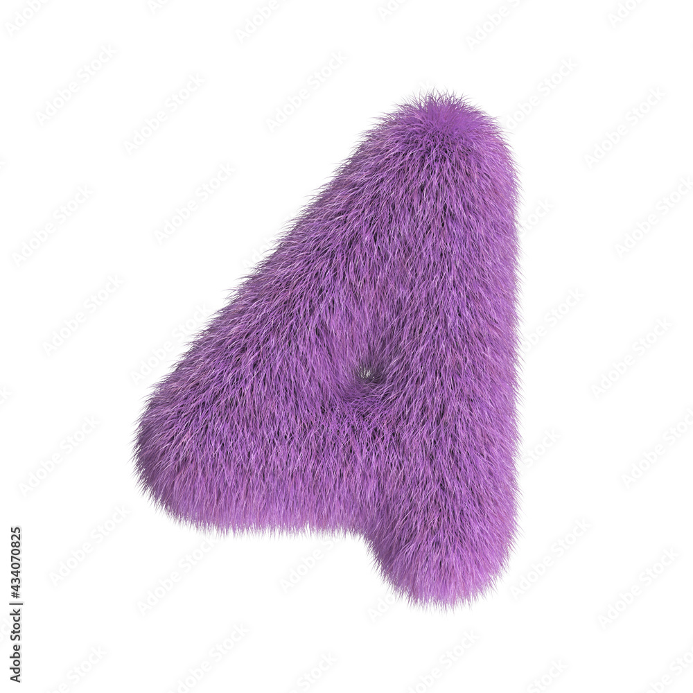 Hairy font, furry alphabet, 3d rendering, number 4 Hairy font, furry alphabet, 3d rendering, number 4