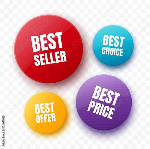 Colorful Badges and Stickers. Round Shape Isolated Tags. Best Seller, Best Price and Offer Labels. Vector illustration