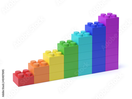 Growing bar chart from colorful building blocks 3d rendering