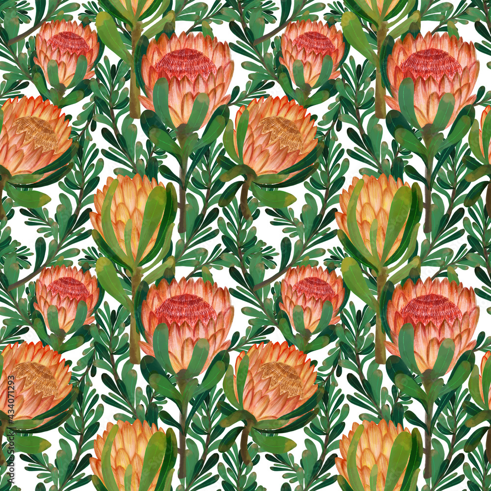 Protea flower foliage leaf botanical blooming digital drawing painting seamless pattern for fabric fashion print Protea flower foliage leaf botanical blooming digital drawing painting seamless pattern for fabric fashion print