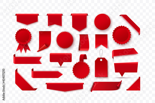 Set Of Red Blank Ribbons, Tags, Badges And Labels Isolated on Checkered Background. Vector illustration