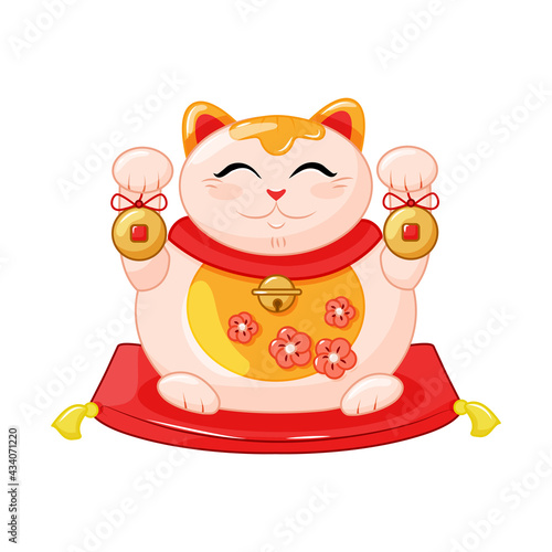 Maneki Neko is a fat cat, a symbol of good luck and wealth. Japanese cat with raised paw and fish. Cartoon Style. Vector illustration. Vector illustration