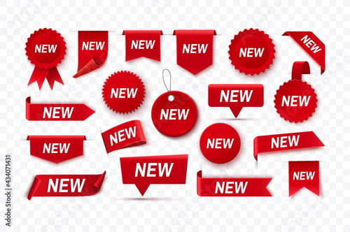 New Tags Collection. Big Set of New Stickers. Red Realistic Promo Labels and Ribbons. New Collection Signs. Vector illustration
