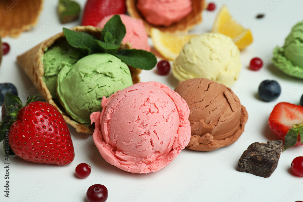 Fruit ice cream and ingredients on white background, close up Fruit ice cream and ingredients on white background, close up