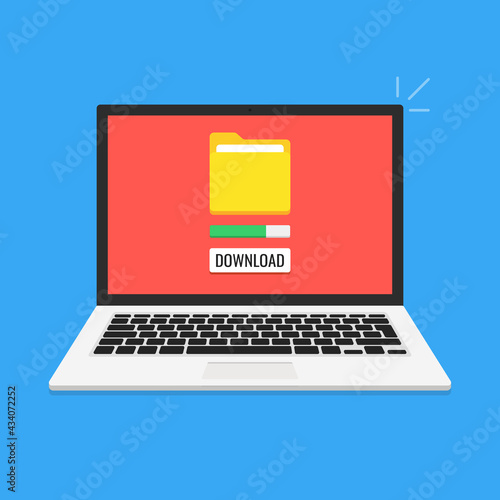 Laptop and progress bar on the screen. Downloading file, information concept. Vector illustration.