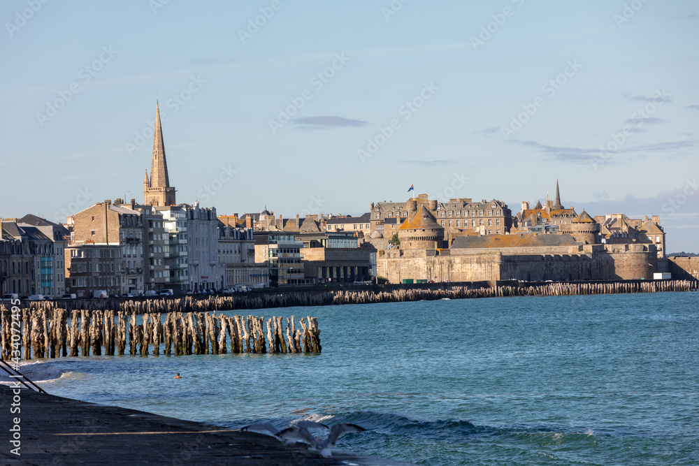 View of beach and old town of Saint-Malo. Brittany, France
