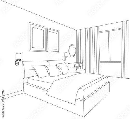 vector, isolated, bedroom sketch, interior