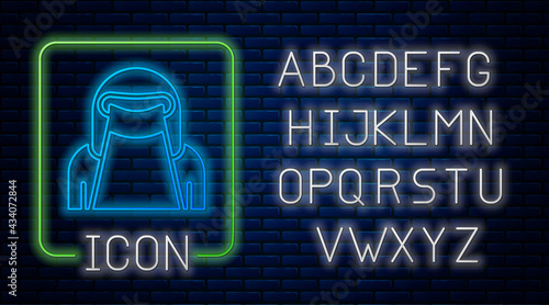 Glowing neon Muslim woman in niqab icon isolated on brick wall background. Neon light alphabet. Vector