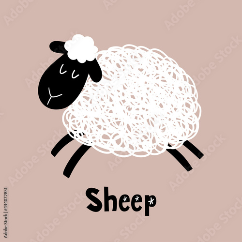 Cute cartoon sheep. Vector children's illustration isolated on a beige background. Character for kids and babies fashion. Vector children's illustration. Funny zoo.