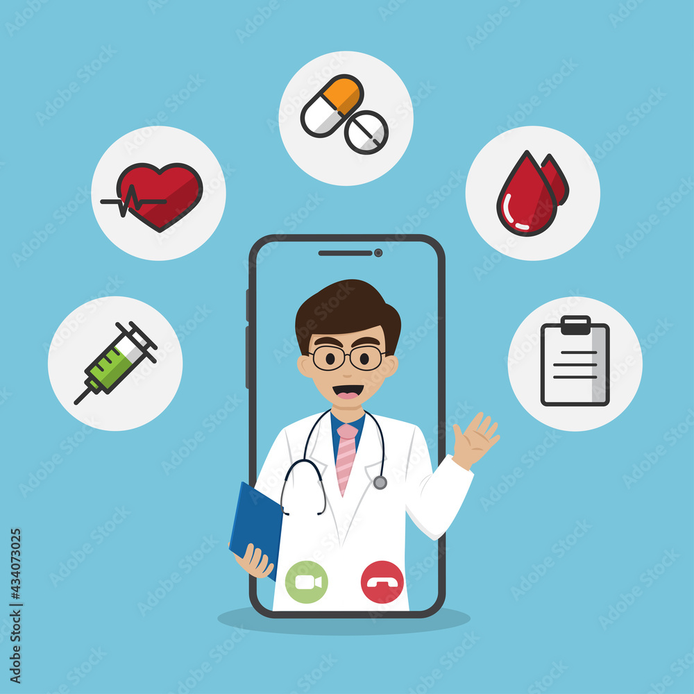 Vector online doctor consultation with smartphone. Video call on screen. Modern health care services and online telemedicine concept. Vector online doctor consultation with smartphone. Video call on screen. Modern health care services and online telemedicine concept.