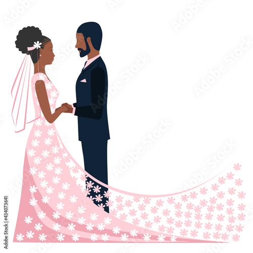 Happy black bride and groom get married. Flat vector illustration of lovers bride in lace flower veil and groom in classic black suit. Isolated over white background for invitations, flyers