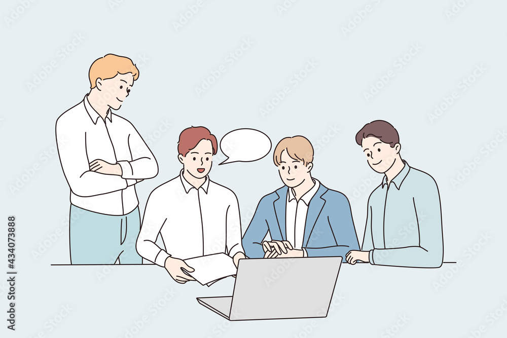 Brainstorm, Teamwork, collaboration concept. Male young business partners workers colleagues sitting at laptop discussing project with documents in office together vector illustration Brainstorm, Teamwork, collaboration concept. Male young business partners workers colleagues sitting at laptop discussing project with documents in office together vector illustration