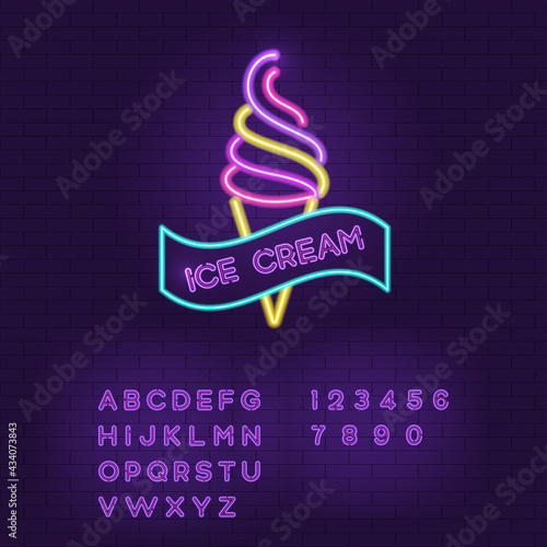 Neon ice cream. Vector illustration in neon style with set of lettering for headers. For advertising.