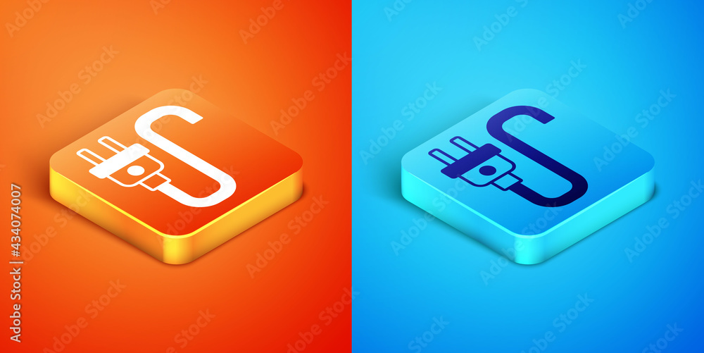 Isometric Electric plug icon isolated on orange and blue background. Concept of connection and disconnection of the electricity. Vector Isometric Electric plug icon isolated on orange and blue background. Concept of connection and disconnection of the electricity. Vector