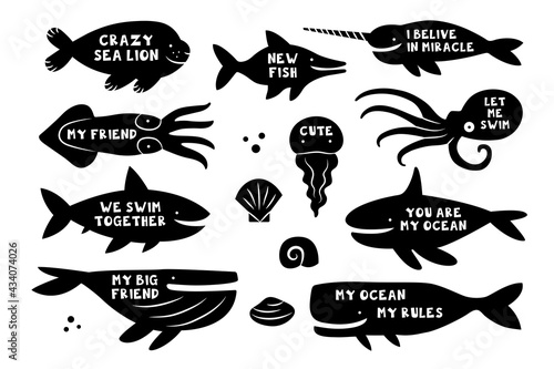 Sea creatures, animals, fishes. Whale, shark, walrus, narwhal, jellyfish, octopus, killer whale, dolphin, squid. Black silhouettes with lettering. Cut board template design.