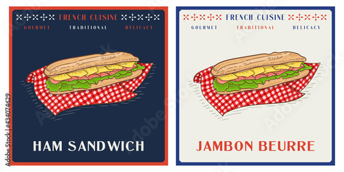 Parisian French Jambon Beurre or Ham Sandwich retro vintage illustration