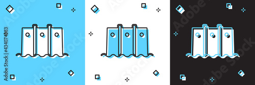 Set Hydroelectric dam icon isolated on blue and white, black background. Water energy plant. Hydropower. Hydroelectricity. Vector