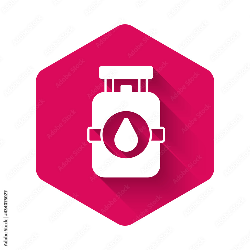 White Propane gas tank icon isolated with long shadow background. Flammable gas tank icon. Pink hexagon button. Vector White Propane gas tank icon isolated with long shadow background. Flammable gas tank icon. Pink hexagon button. Vector