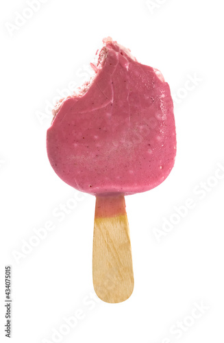 mostly eaten red color chocolate outer popsicle on a white background