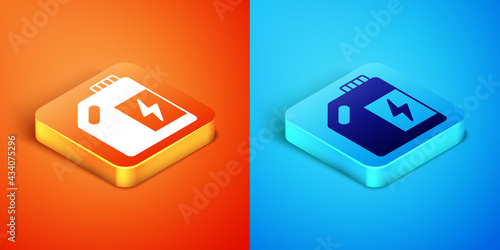 Isometric Eco fuel canister icon isolated on orange and blue background. Eco bio and barrel. Green environment and recycle. Vector