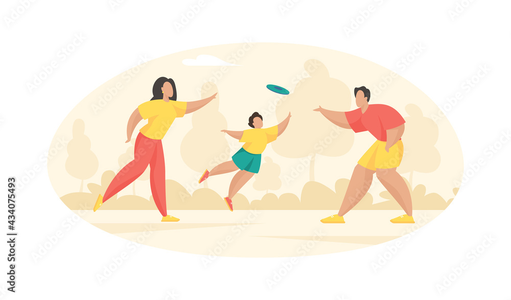 Parents play frisbee with their child. Man throws blue disc to woman and boy tries catch it. Summer outdoor activities with fun throwing plastic disk. Vector cartoon illustration