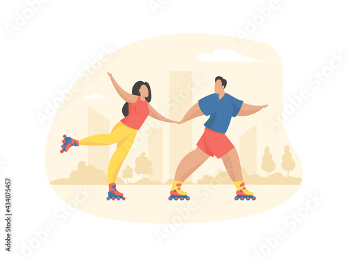 People rollerblading in park. Joyful man and woman ride asphalt summer road holding hands. Active recreation and sports lifestyle with extreme entertainment. Vector flat illustration