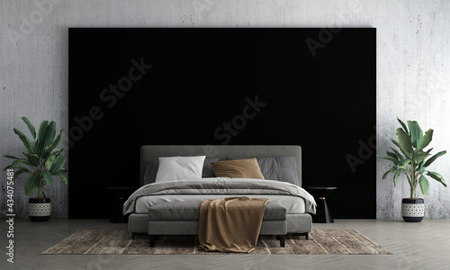 Modern mock up interior bedroom design and black and concrete wall background decor and side table and tree, 3d rendering photo