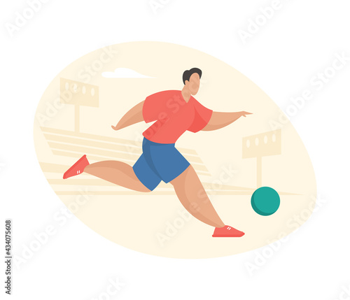 Soccer player runs with ball in stadium. Athlete actively rushes to opponents goal. Willingness shoot free kick crucial moment in game. World championship. Vector cartoon illustration