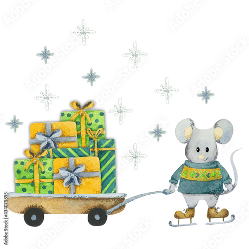 Fototapeta Naklejka Na Ścianę i Meble -  Watercolor Christmas illustration with cute mice