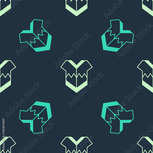 Green and beige Traditional mexican poncho clothing icon isolated seamless pattern on blue background. Vector
