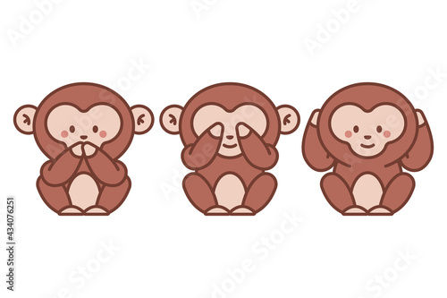 Three wise monkeys vector cartoon illustration isolated on a white background.