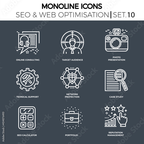 Line icons set with flat design of seo. Online consulting, target audience, photo presentation, support, network protection, case study, seo calculator, portfolio, reputation management. Monoline icon