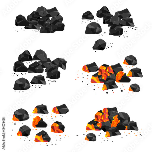 Coal and charcoal pile vector set isolated on a white background.