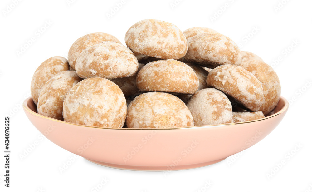 Tasty homemade gingerbread cookies in bowl on white background