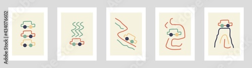 Set of creative car with hand drawn background for wall design, office, school and restaurant. Minimalist art background.