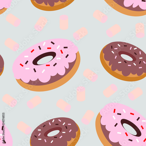 Donuts and marshmallow seamless pattern.
Donuts and marshmallows repeating in pastel colors on a light gray background. Suitable for home textile, wrapping paper, bakery, cafeteria.