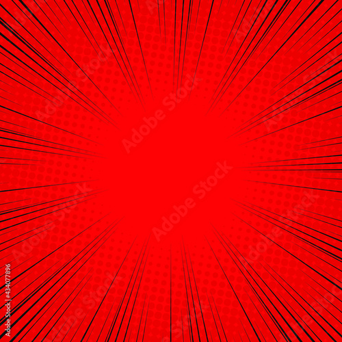 Radial Speed Line background. Vector illustration. Comic book black and red radial lines background. Halftone. 
