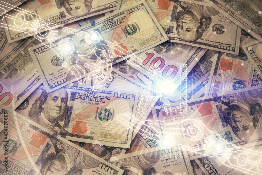 Double exposure of data theme drawing over us dollars bill background. Technology concept. Double exposure of data theme drawing over us dollars bill background. Technology concept.