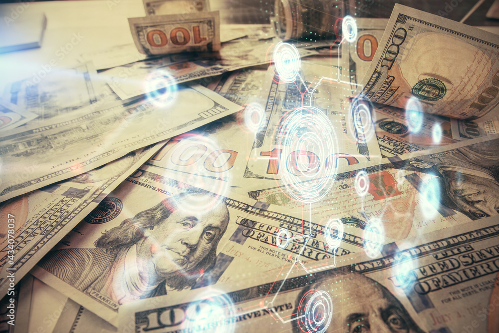 Double exposure of data theme drawing over us dollars bill background. Technology concept. Double exposure of data theme drawing over us dollars bill background. Technology concept.