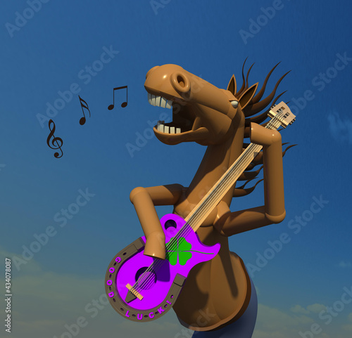 Singing horse 3D illustration . A talented horse character playing guitar performing and singing. Sky background. Collection.