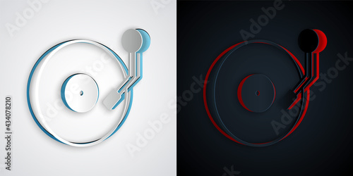Paper cut Vinyl player with a vinyl disk icon isolated on grey and black background. Paper art style. Vector