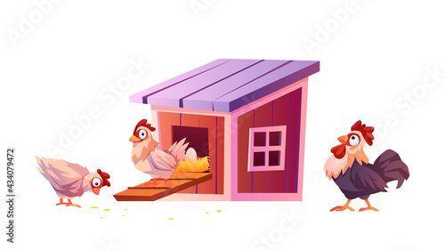 Chicken coop, cartoon warnhouse for hens and roosters isolated. Vector chick carry eggs in nest, hen farm illustration. Poultry yard, domestic birdhouse. Henhouse, hennery agriculture concept