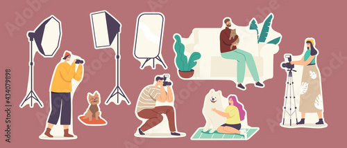 Set of Stickers Studio Pets Photo Session, Domestic Animals Photography. Photographer Make Photos of Dogs and Cats