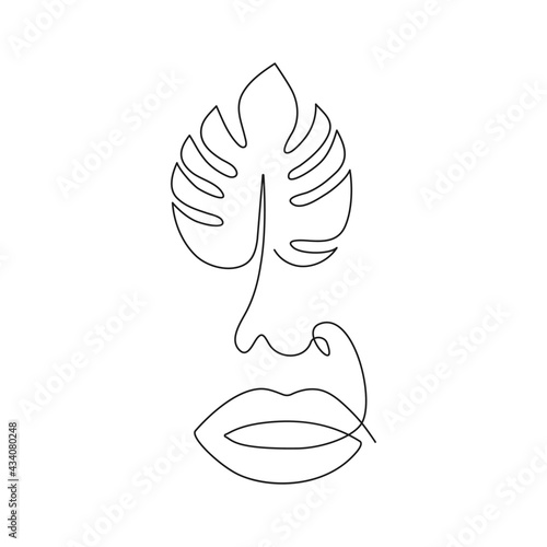 Abstract one line woman drawing face with monstera leaf. Minimalism outline modern art. Female beauty contour portrait. Linear vector illustration isolated on white background