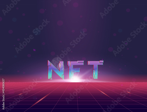 NFT rising in virtual reality. Retro style grid background with sun, rising above grid plane. Purple and pink gradients glowing and sun flares. Geometric grid horizon background.