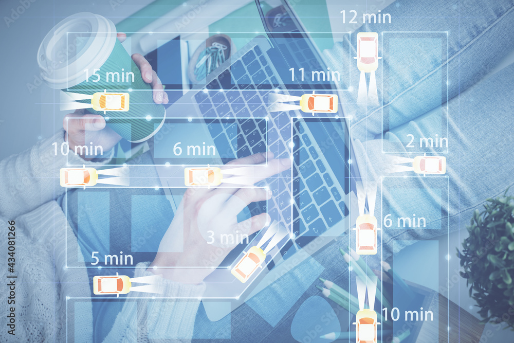 Double exposure of woman hands typing on computer and automobile theme drawing. High Tech concept. Double exposure of woman hands typing on computer and automobile theme drawing. High Tech concept.