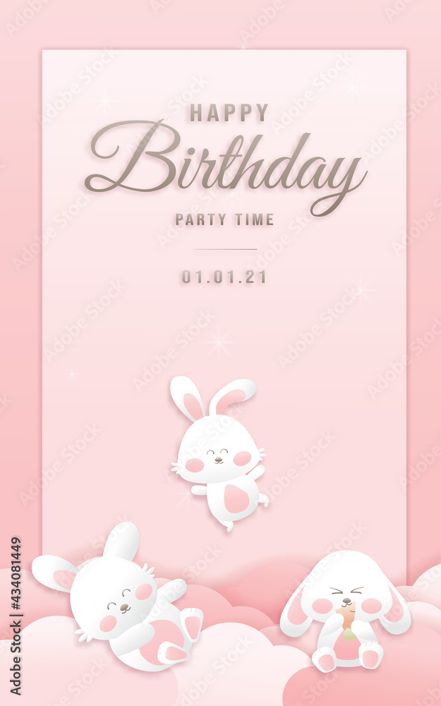 Decorated birthday card beautiful bunny on could paper style, paper cut, and papercraft. Online shop banners discount pink color Birthday Theme. Vector illustration. Decorated birthday card beautiful bunny on could paper style, paper cut, and papercraft. Online shop banners discount pink color Birthday Theme. Vector illustration.