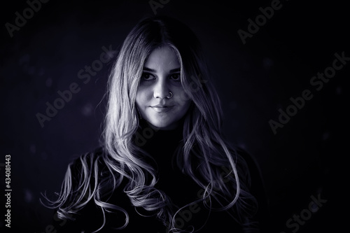 girl portrait piercing nose / model blonde young posing with a ring in her nose, girl hipster